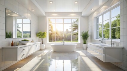 Fototapeta premium Bright and airy white bathroom flooded with natural sunlight pouring through large window, featuring sleek minimalistic fixtures and modern amenities.