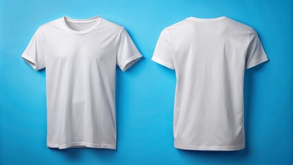 Crisp white crew-neck T-shirt isolated on bright blue background, showcasing front and back sides with subtle folds and natural textile texture.