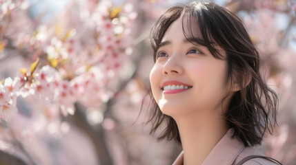 桜を楽しむ笑顔の女性