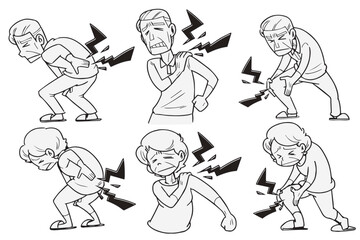 シニアの肩こり・腰痛・膝の痛みイラスト_男女セット