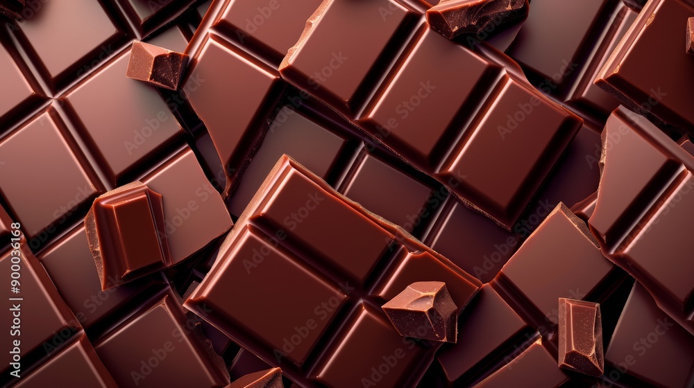 Poster Macro view of chocolate bars with rich textures and pieces. Tasty food background emphasizing indulgence.