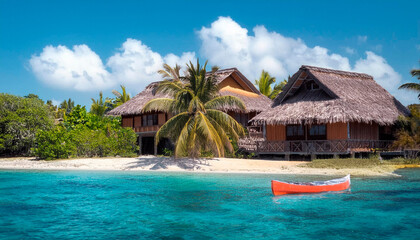 Fototapeta premium Cabañas en el mar, en una isla rodeadas de vegetación, palmeras.