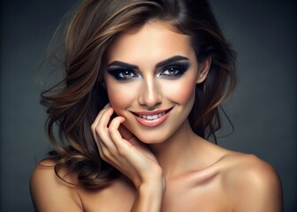 Fototapeta premium Sultry bare-shouldered female model with a smoky eye look and bright smile posing for a close-up beauty portrait with plenty of copy space around her face.