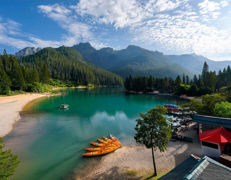 Bonito balneario con lago monta&ntilde;as  y peque&ntilde;os kayaks parla la recreaci&oacute;n.