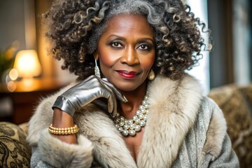 Black african american middle aged woman living luxurious fashion life style