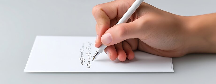 A detailed close-up of a hand writing a supportive message on a card, symbolizing care and encouragement, emphasizing good communication practices, more clarity with clear light and sharp focus, high