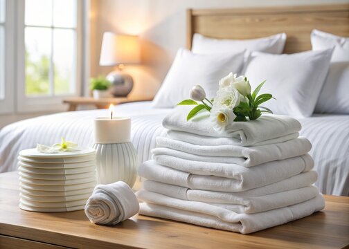 Freshly laundered and folded, organized stacks of crisp white bed sheets, towels, and hotel essentials await guests in a serene and inviting hospitality setting.