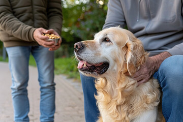 A person feeds a golden retriever while sitting on a park bench, enjoying a leisurely moment together on a sunny day.