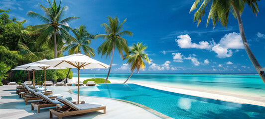 A photo of a stunning tropical beach resort with a serene infinity pool, lush palm trees, and luxurious lounge chairs under white umbrellas, all set against the backdrop of a clear blue sky