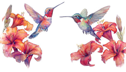 Digital Watercolor Painting of Hummingbird and flowers, isolated on white