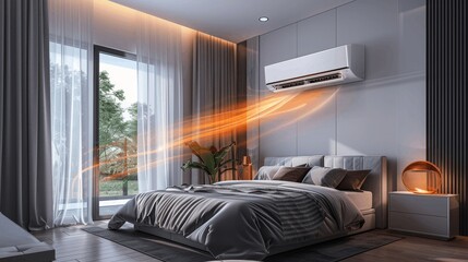 Air conditioner blowing warm orange breeze illustrating dust effect in modern bedroom with large windows