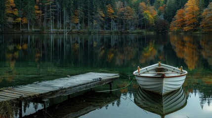 Fototapeta premium Solitary rowboat tied to a small dock, calm water reflecting the forest