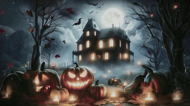 scene at night featuring a haunted house with lit windows in the background, surrounded by bare trees and a misty atmosphere. In the foreground, there should be carved pumpkins with glowing faces, 