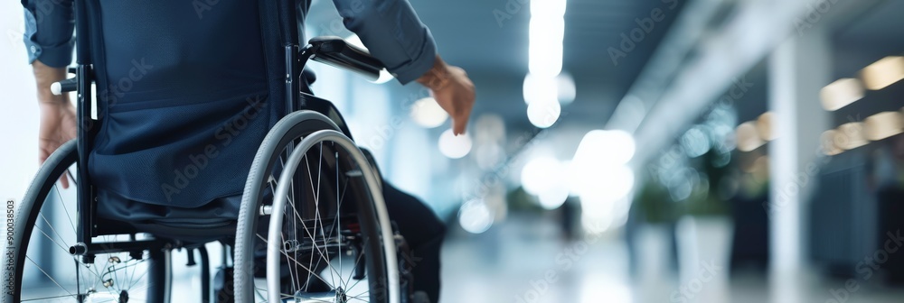 Poster Rear view of a person in a wheelchair navigating through a hallway. Focus on accessibility and mobility.