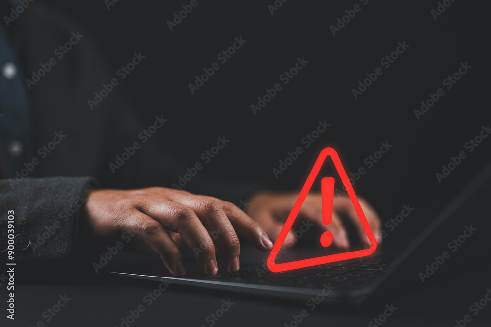 Aufkleber Businessman working on the computer. Warning alert system concept, hacked on the computer network, crime and virus, Malicious software, compromised information, illegal connection, data vulnerability