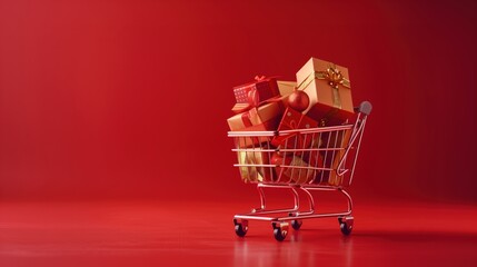 A shiny shopping cart filled with beautifully wrapped gifts against a vibrant red background. Perfect for holiday sales and promotional materials.