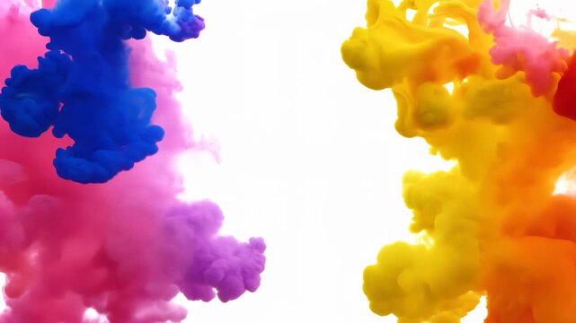 Colorful powder clouds billow and morph, creating abstract shapes. Vibrant spectrum of blue, pink, purple, and yellow hues explode across the frame, resembling dynamic paint splatters.	