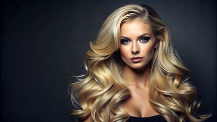 Fototapeta premium Attractive blonde hair shines on dark grey background, ample copy space available, perfect for beauty, health, and hair care product advertising, conveying luxury and sophistication.