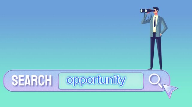 Animation of a businessman searching for new opportunities using binoculars over a search bar with 'opportunity' text.