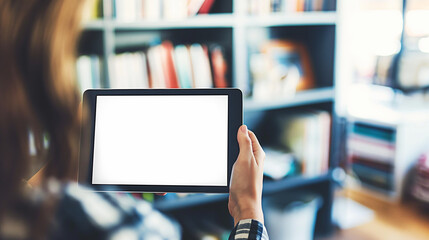 Hands holding tablet with blank screen in cozy home library. Digital device for reading and browsing. Technology and communication concept. Modern tablet in comfortable setting.