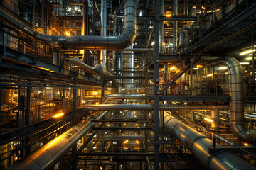 Fototapeta premium An intricate industrial scene depicting a vast network of pipes, ducts, and machinery with warm ambient lighting, creating a complex