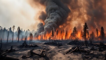 A forest fire is burning in the distance, with smoke