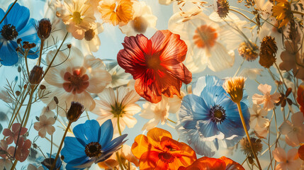 autumn leaves, pressed wildflowers with color, blue, red, brown and orange, aesthetic floral background