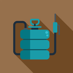 Blue pesticide sprayer icon in flat style with long shadow, isolated on brown background