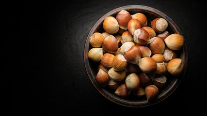 Hazelnuts in shell on a dark background.