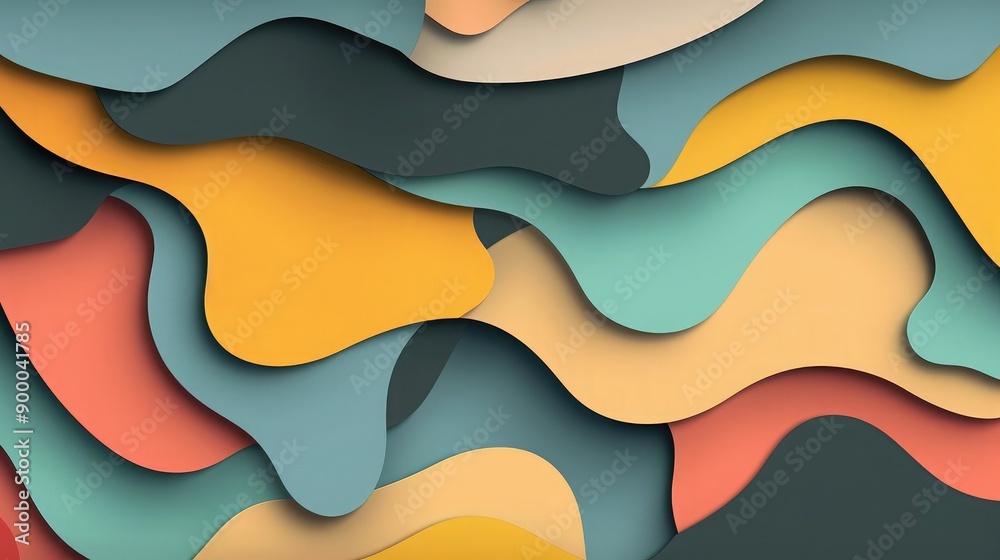Poster colorful overlapping shapes, adding depth and dimension.