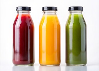 Three colorful bottles of freshly squeezed juice with black caps stand upright on a clean white background, showcasing healthy and refreshing beverage options.