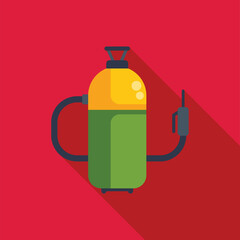 Green and yellow oxygen tank with mask for diving, isolated on red background with long shadow