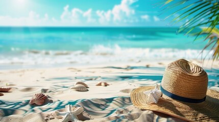 Tropical beach with sunbathing accessories, summer holiday background