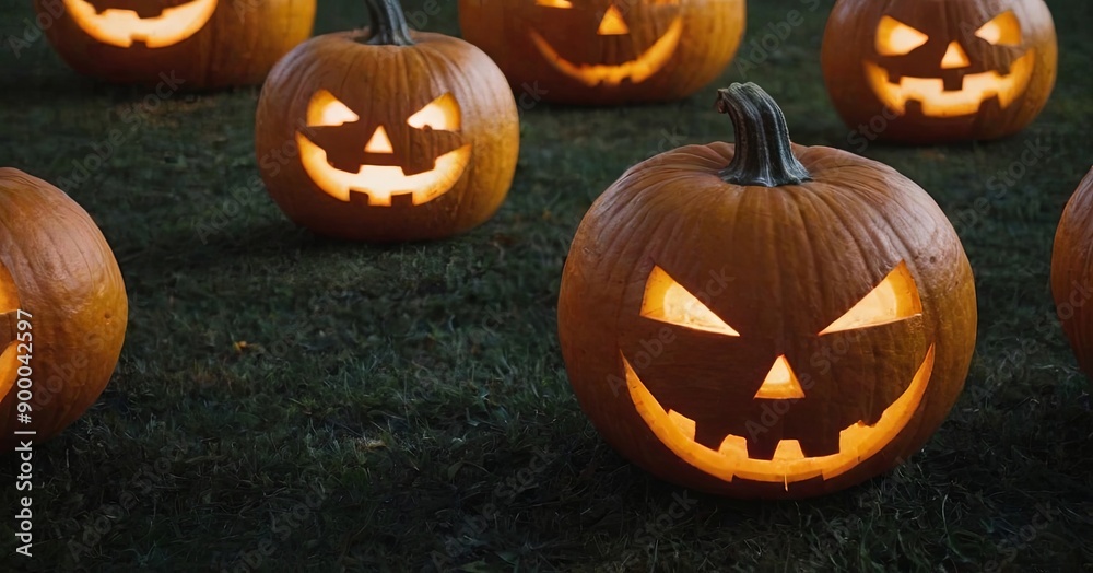 Poster a row of pumpkins with their eyes open and mouths wide open