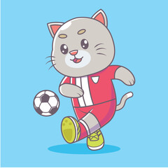 Cute cat kicking ball vector mascot cartoon animal sport isolated