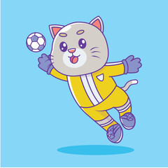 Cute goalkeeper cat jumping to catch the ball. vector mascot cartoon animal sport isolated