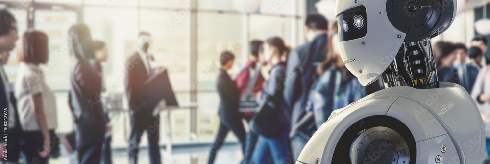 Aufkleber Robot standing among people in a busy office environment, representing the integration of AI in workplaces. The scene showcases the coexistence of humans and technology.
