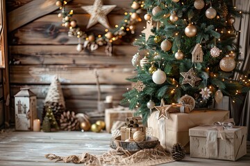 Rustic Christmas Decor with Presents Under Tree.