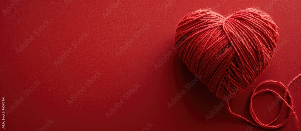 Poster a red yarn heart set on a red background offers ample copy space for text conveying a romantic valen