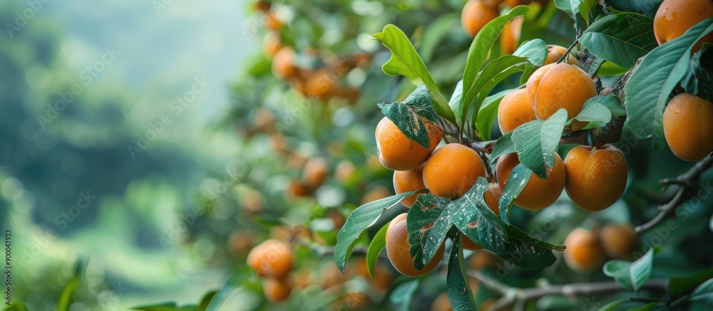 Leinwandbilder Lush green trees with loquat fruits ripening providing a serene backdrop in the orchard setting with a copy space image