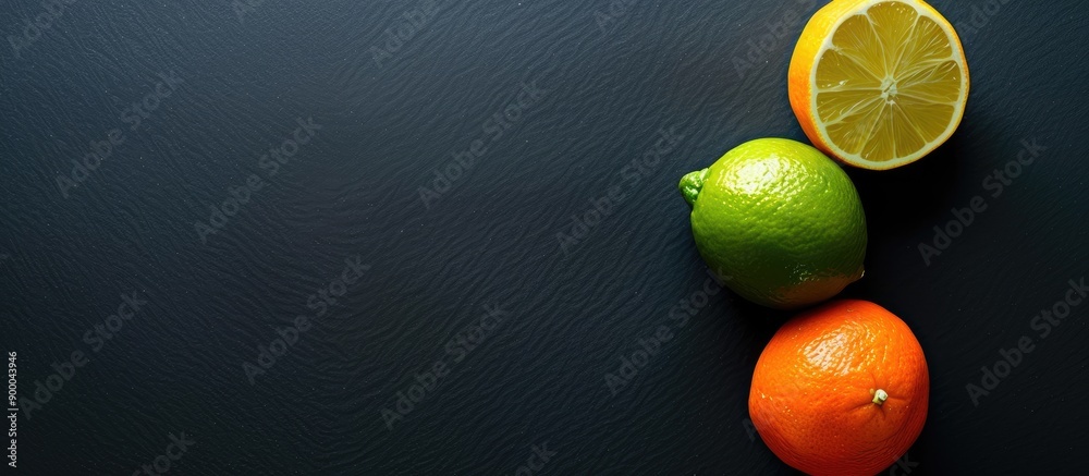 Poster Top down view of lime orange and lemon on a black background offering copy space image without any Photoshop alterations