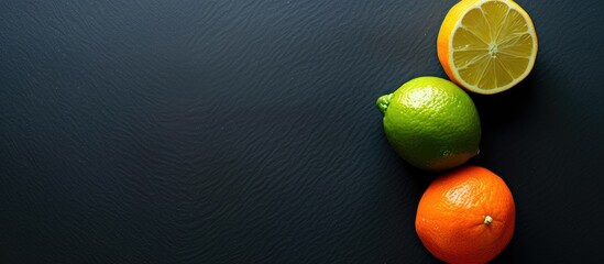 Top down view of lime orange and lemon on a black background offering copy space image without any...