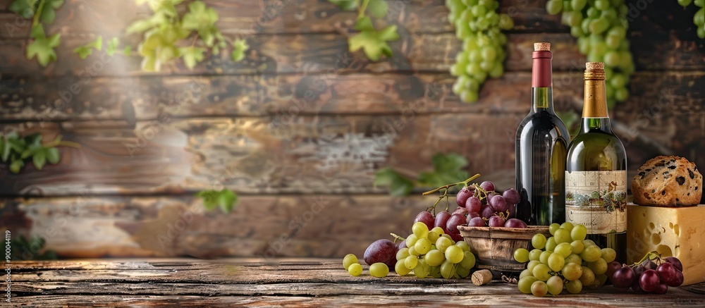 Poster wooden rustic background enhances wine bottles with grapes and cheese providing copy space image
