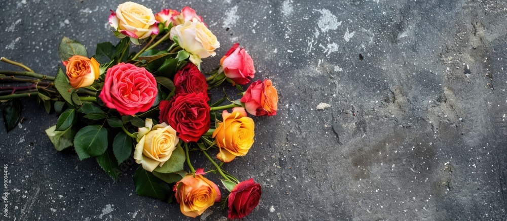 Poster a stunning bouquet of colorful roses on pavement captured from above in natural sunlight with copy s