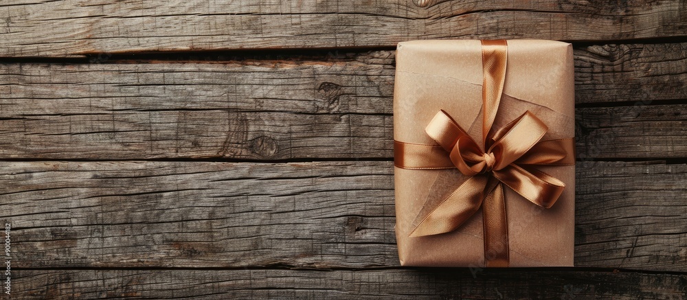 Poster Gift wrapped in simple brown paper with a ribbon and bow set against a backdrop of weathered wooden boards allowing for a copy space image