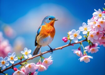 A solitary small bird with vibrant plumage perches on a delicate twig of a blooming cherry blossom branch, set against a serene blue sky backdrop.