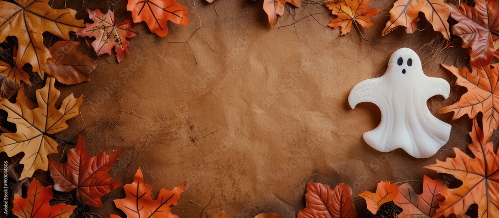 Aufkleber Halloween Fall Border featuring fall leaves bordering a ghost on a brown backdrop with copy space image
