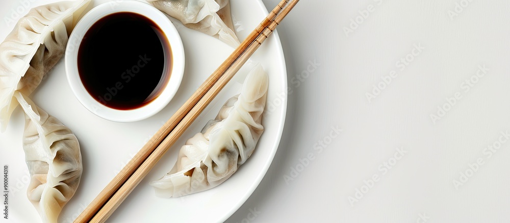 Poster a white background with steamed dumplings and soy sauce providing room for text or other elements in