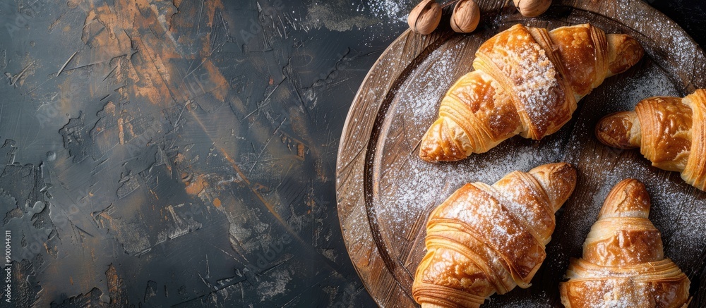 Aufkleber top view of fresh homemade croissants on a wooden cutting board with powdered sugar against a rustic