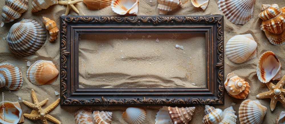 Aufkleber Copy space image of a picture frame set against a backdrop of shells and sand
